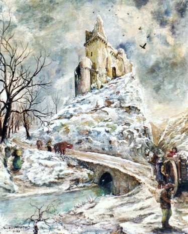Peinture intitulée "Le vieux château" par Jacques Moncho (Art d'antan), Œuvre d'art originale, Gouache