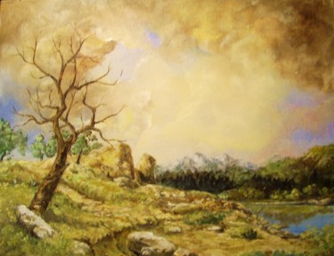 Peinture intitulée "Paysage avec lac" par Jacques Moncho (Art d'antan), Œuvre d'art originale, Huile