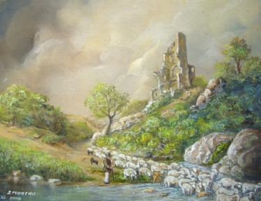 Painting titled "Le passage à gué" by Jacques Moncho (Art d'antan), Original Artwork, Oil
