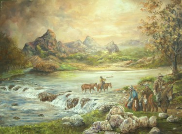 Peinture intitulée "Cavaliers passant à…" par Jacques Moncho (Art d'antan), Œuvre d'art originale, Huile