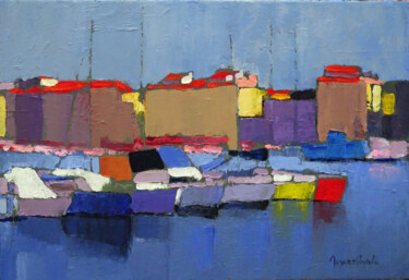 Painting titled "Vieux Port" by Jacques Peyrelevade, Original Artwork, Oil Mounted on Wood Stretcher frame
