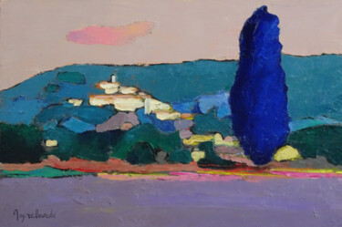 Painting titled "Arbre bleu à Banon" by Jacques Peyrelevade, Original Artwork, Oil Mounted on Wood Stretcher frame