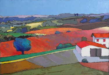Painting titled "Pays Basque" by Jacques Peyrelevade, Original Artwork, Oil Mounted on Wood Stretcher frame