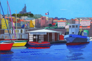Painting titled "Capitainerie" by Jacques Peyrelevade, Original Artwork, Oil Mounted on Wood Stretcher frame