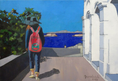 Painting titled "Jeune femme solitai…" by Jacques Peyrelevade, Original Artwork, Oil Mounted on Wood Stretcher frame