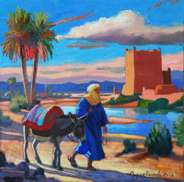 Painting titled "Mon  Rêve d'Oasis" by Jacques Peyrelevade, Original Artwork, Oil Mounted on Wood Stretcher frame