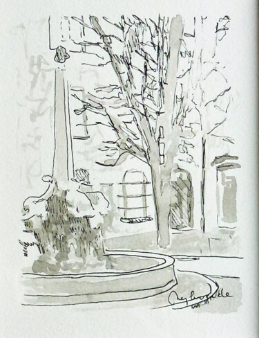 Drawing titled "Aix, place des 4 da…" by Jacques Peyrelevade, Original Artwork, Ink Mounted on Cardboard