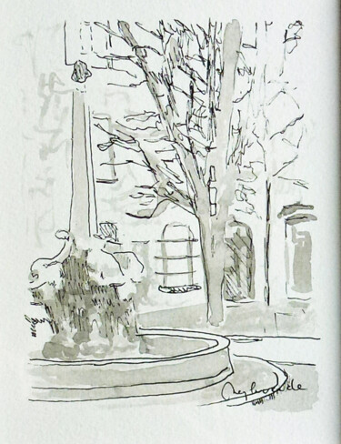 Dessin intitulée "Aix, place des 4 da…" par Jacques Peyrelevade, Œuvre d'art originale, Encre Monté sur Carton