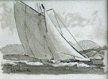 Drawing titled "La régate" by Jacques Peyrelevade, Original Artwork, Ink Mounted on Cardboard