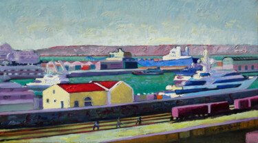 Painting titled "Marseille, le port" by Jacques Peyrelevade, Original Artwork, Oil Mounted on Wood Stretcher frame