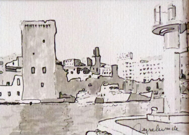 Tekening getiteld "Marseille, entrée d…" door Jacques Peyrelevade, Origineel Kunstwerk, Inkt Gemonteerd op Karton