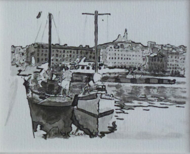 Zeichnungen mit dem Titel "Marseille, voiliers…" von Jacques Peyrelevade, Original-Kunstwerk, Andere Auf Karton montiert