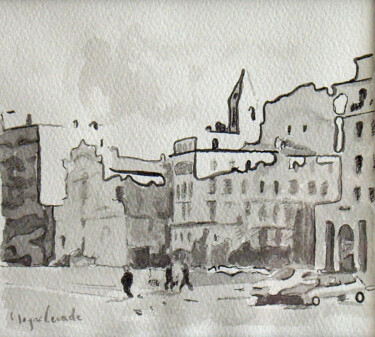 Drawing titled "Marseille, quai des…" by Jacques Peyrelevade, Original Artwork, Ink Mounted on Cardboard