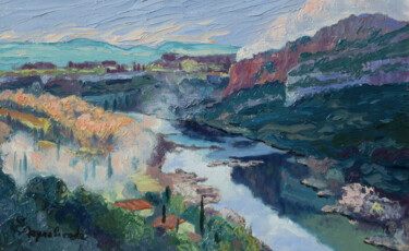 Painting titled "Ecobuage en Ardèche…" by Jacques Peyrelevade, Original Artwork, Oil Mounted on Wood Stretcher frame