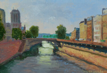 Painting titled "Paris, quai de Mont…" by Jacques Peyrelevade, Original Artwork, Oil Mounted on Cardboard