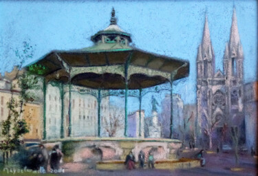 Painting titled "Marseille, Kiosque…" by Jacques Peyrelevade, Original Artwork, Pastel Mounted on Cardboard