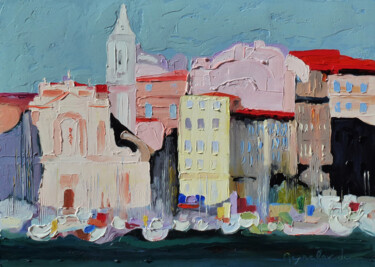 Painting titled "huile: Vieux Port,…" by Jacques Peyrelevade, Original Artwork, Oil Mounted on Wood Stretcher frame