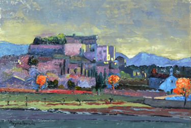 Painting titled "Château de Grignan" by Jacques Peyrelevade, Original Artwork, Oil Mounted on Wood Stretcher frame