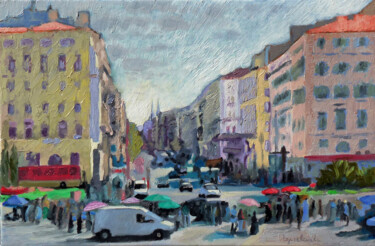 Painting titled "marché aux poissons…" by Jacques Peyrelevade, Original Artwork, Oil Mounted on Wood Stretcher frame