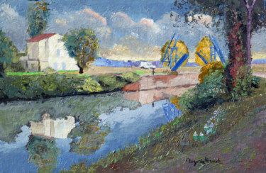 Pittura intitolato "Arles, Pont Langloi…" da Jacques Peyrelevade, Opera d'arte originale, Olio Montato su Telaio per barella…