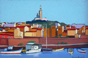 Painting titled "Barques dans le Vie…" by Jacques Peyrelevade, Original Artwork, Pastel Mounted on Cardboard