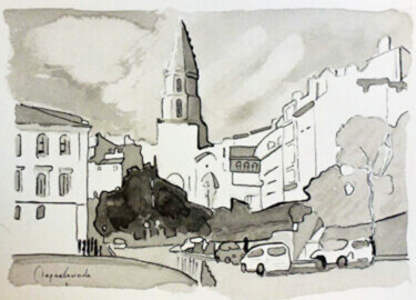 Drawing titled "Quartier des Accoul…" by Jacques Peyrelevade, Original Artwork, Ink Mounted on Cardboard