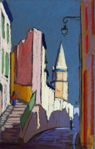 Malerei mit dem Titel "Escaliers rue des M…" von Jacques Peyrelevade, Original-Kunstwerk, Pastell Auf Karton montiert