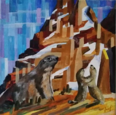 Painting titled "marmottes" by Jacques Pierre Pichon, Original Artwork, Acrylic Mounted on Wood Stretcher frame