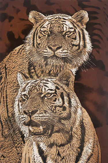 Εκτυπώσεις & Χαρακτικά με τίτλο "Les deux tigres" από Jacky Rouget, Αυθεντικά έργα τέχνης, Λιθογραφία