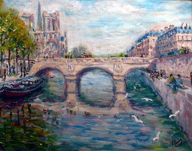 Painting titled "Paris pont saint Mi…" by Jacques Ruiz, Original Artwork, Acrylic Mounted on Wood Stretcher frame