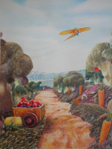 Schilderij getiteld "Le chemin de l’aero…" door Jacques Tafforeau, Origineel Kunstwerk, Aquarel