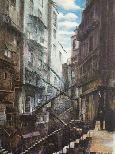 Peinture intitulée "Escalier sur cour.1." par Jacques Tafforeau, Œuvre d'art originale, Autre