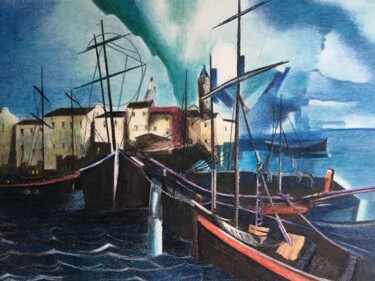 Peinture intitulée "Port de pêche à la…" par Jacques Tafforeau, Œuvre d'art originale, Autre