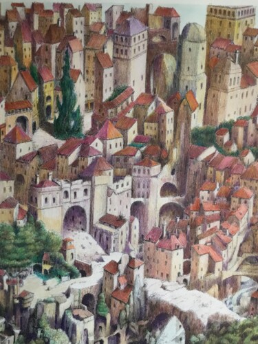 Ζωγραφική με τίτλο "Le village puzzle." από Jacques Tafforeau, Αυθεντικά έργα τέχνης, Άλλος