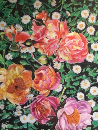 Painting titled "ASSORTIMENT FLORAL" by Jacques Tafforeau, Original Artwork, Watercolor