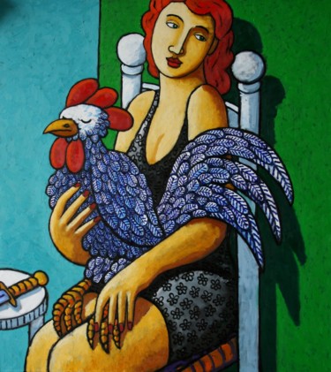 Painting titled "Woman with Big Cock" by Jacques Tange, Original Artwork, Oil