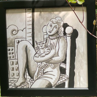 Painting titled "woman and cat" by Jacques Tange, Original Artwork, Ink