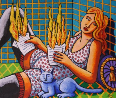 Картина под названием "Hotmail and le chat" - Jacques Tange, Подлинное произведение искусства, Масло