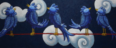 Painting titled "Bird on a Wire" by Jacques Tange, Original Artwork, Oil