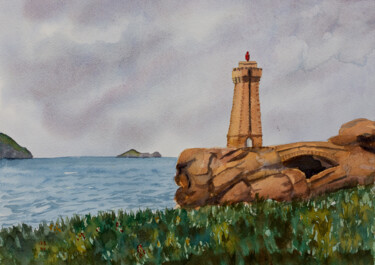 Painting titled "Phare de Men Ruz à…" by Jacques Turbert, Original Artwork, Watercolor