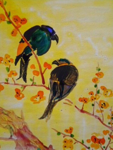 「deux oiseaux, sur u…」というタイトルの絵画 Jacques Van Moerによって, オリジナルのアートワーク, オイル