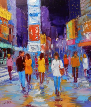 Painting titled "Times square de nuit" by Jacques Volpi, Original Artwork, Oil Mounted on Wood Stretcher frame