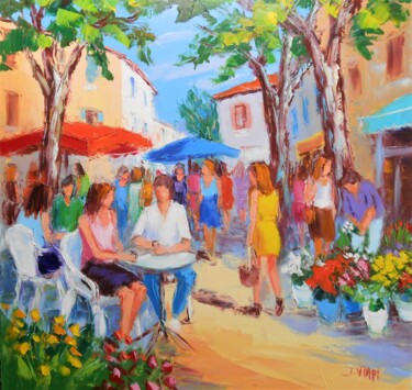 Painting titled "Marché au village" by Jacques Volpi, Original Artwork, Oil Mounted on Wood Stretcher frame