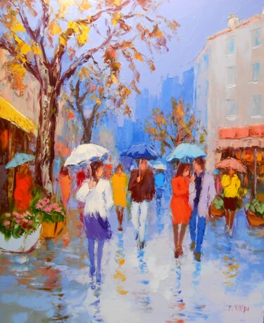 Painting titled "Rue sous la pluie" by Jacques Volpi, Original Artwork, Oil Mounted on Wood Stretcher frame