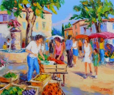 Painting titled "Marché" by Jacques Volpi, Original Artwork, Oil Mounted on Wood Stretcher frame
