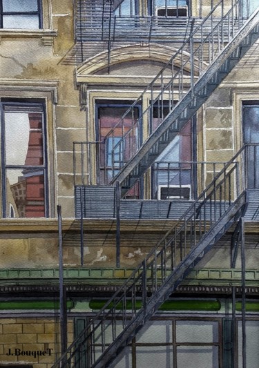 Painting titled "Fire escape NYC" by Jacques Bouquet, Original Artwork, Watercolor