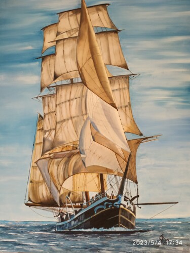 Painting titled "MER ET TOILE" by Jacques D'Etais, Original Artwork, Oil Mounted on Wood Stretcher frame