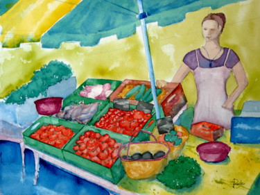 Painting titled "Au marché de Lézign…" by Jacques Paulus, Original Artwork, Watercolor