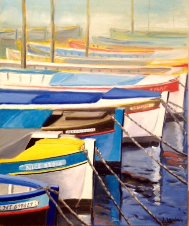 Pintura titulada "Barques au crépuscu…" por Jacques Lajoinie, Obra de arte original, Oleo
