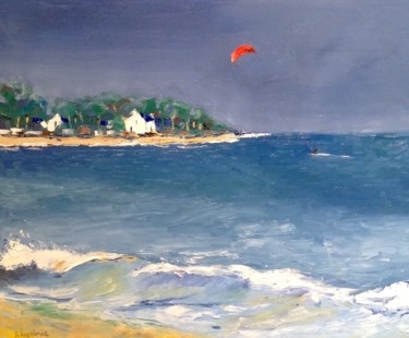 Painting titled "Kitesurf en Bretagne" by Jacques Lajoinie, Original Artwork, Oil
